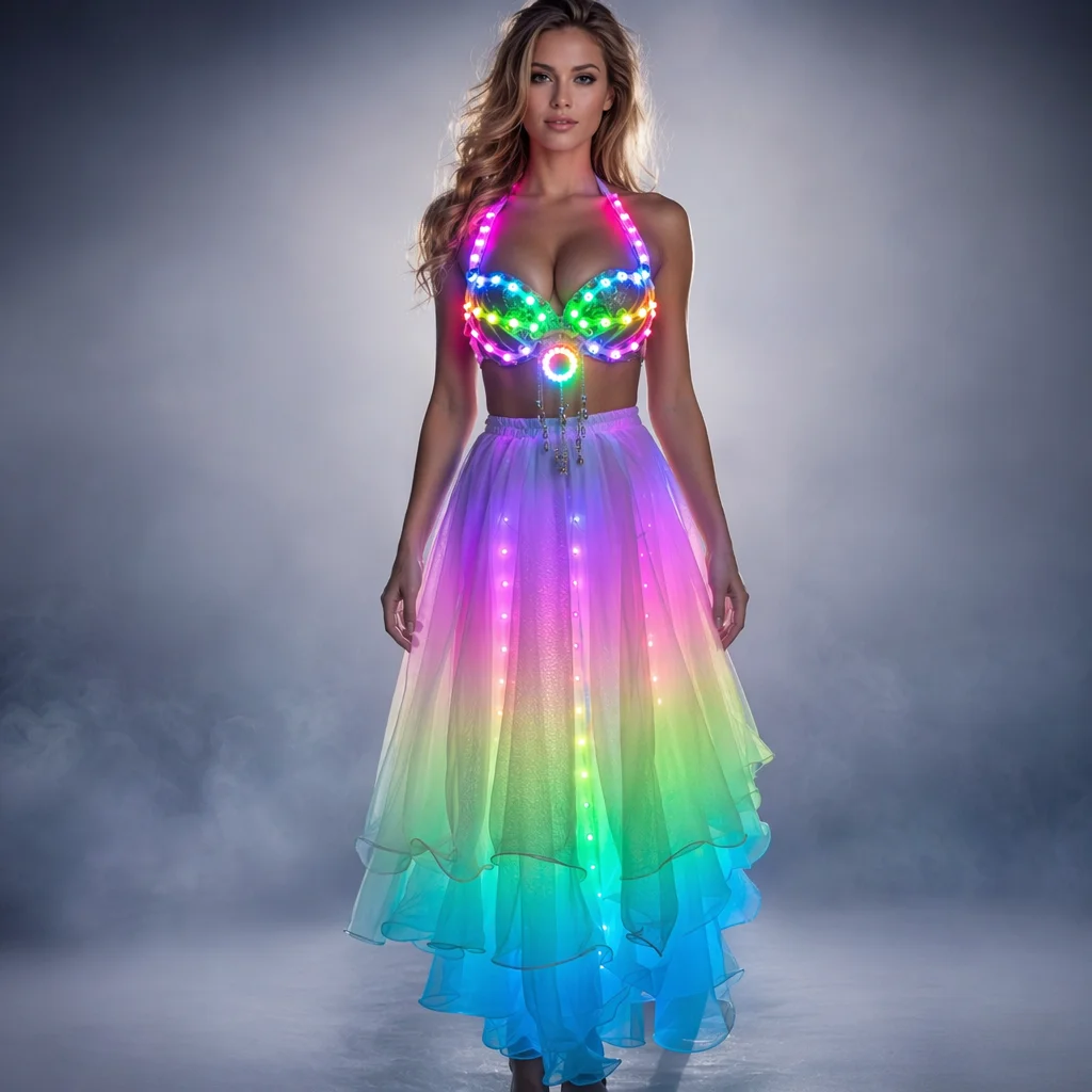 LED Color Lights Women Belly Dance Split Skirt Sexy Professional Bellydance Training Clothes Dancing Costumes