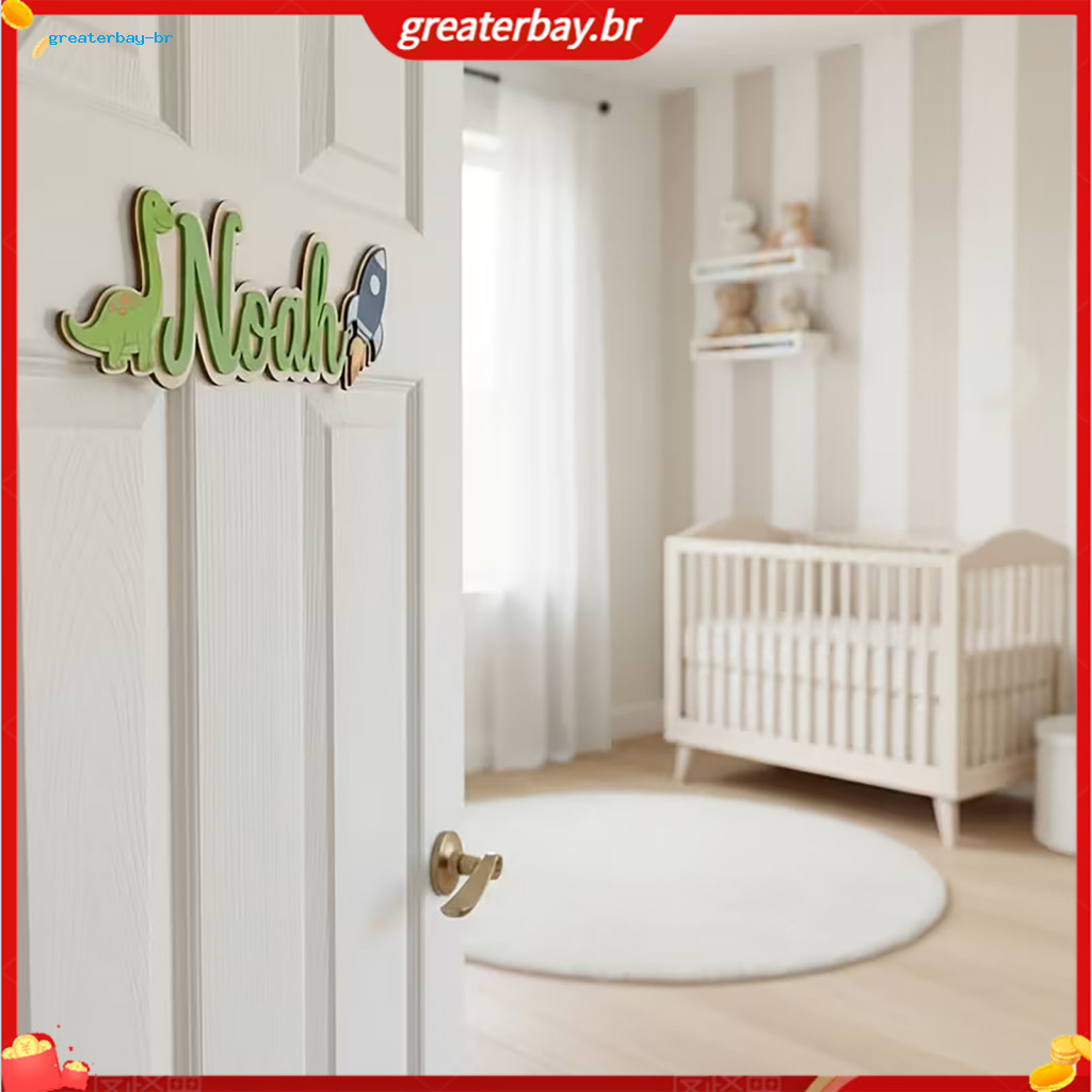 Personalized Kids Name Sign Dinosaur Rocket Wooden Door Custom Nursery Wall Decor for Boys Bedroom Playroom Hanging Gift