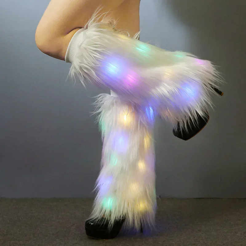 LED Fur Leg Warmers for Women Light Up Luminous Furry Leg Covers for Rave Festival Carnival Party Multiple Color to Choose