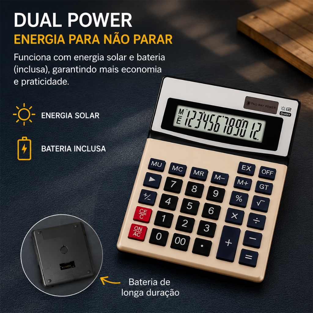 Calculadora de Mesa 12 Dígitos Visor Grande Dual Power