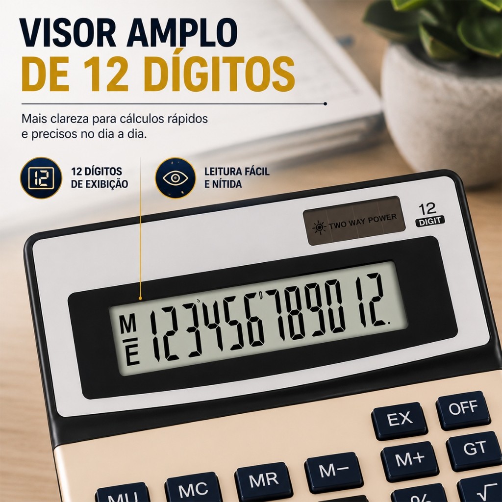 Calculadora de Mesa Compacta 12 Dígitos Dual Power