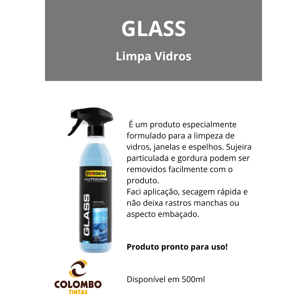 Glass Farben Auto Care 500ml Limpa Vidros Automotivo Limpeza Profunda Brilho e Remoção de Gordura e Sujeira