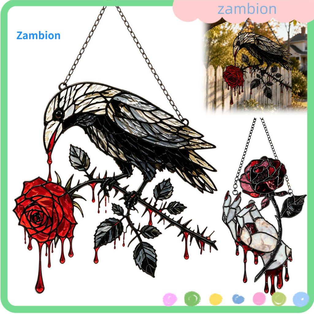 Indoor Porch Hanging Decor Home Raven Rose Suncatcher Halloween Window Ornament Acrylic Stained Glass Effect Crow Sun Ca
