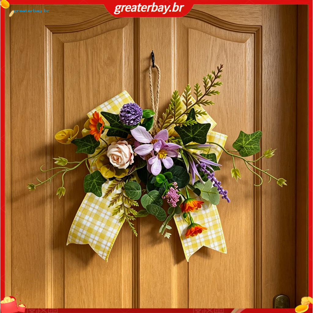 Spring Summer Artificial Wreath with Yellow Plaid Bow – Small Front Door Wall Hanging for Indoor Outdoor Decor Window
