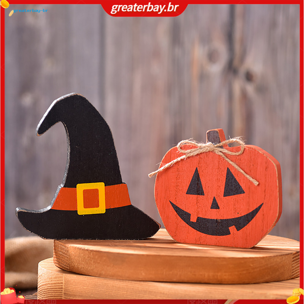 Halloween Wooden Table Sign Pumpkin Ghost Bat Block Decor Rustic Tiered Tray Ornament for Home Office Indoor Festive Dec