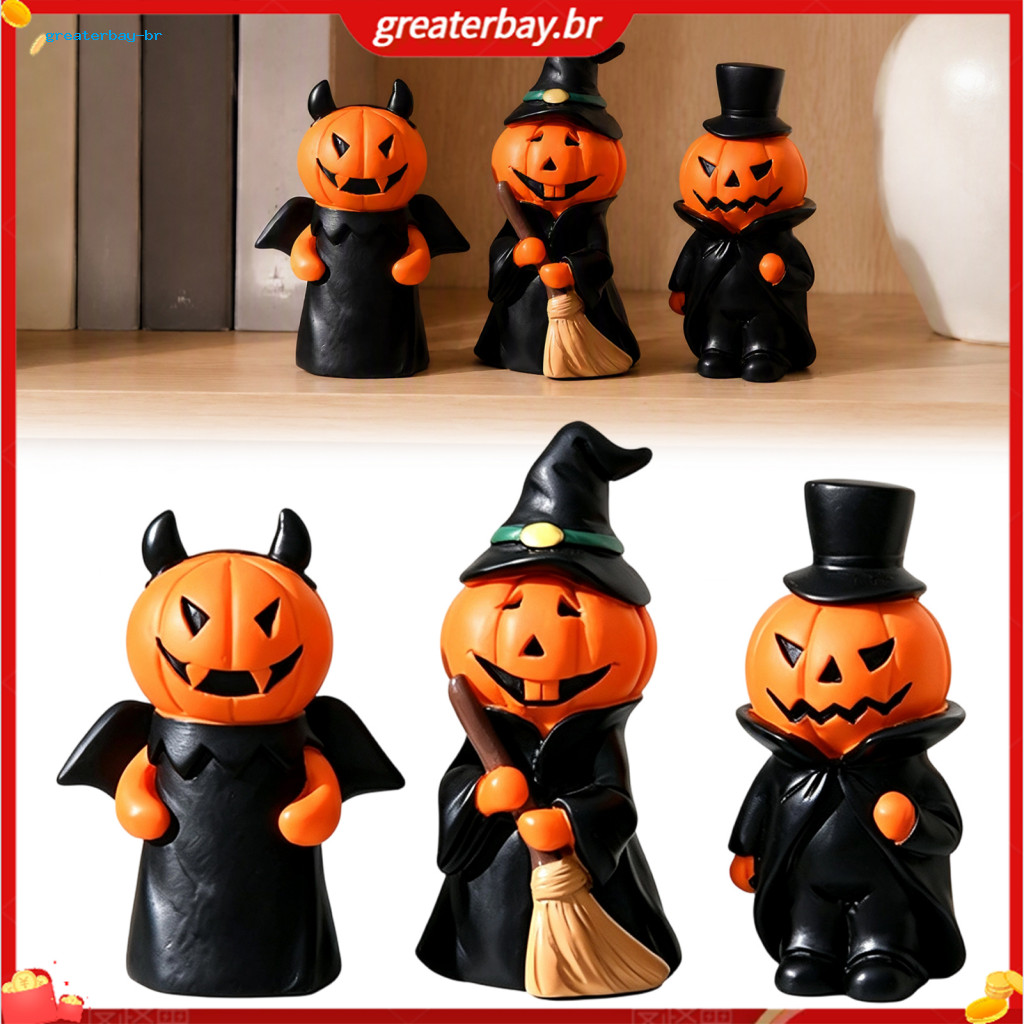 3pcs Halloween Pumpkin Ghost Figurines Resin Spooky Tabletop Decor for Home Bookshelf Tiered Tray Indoor Holiday Decorat