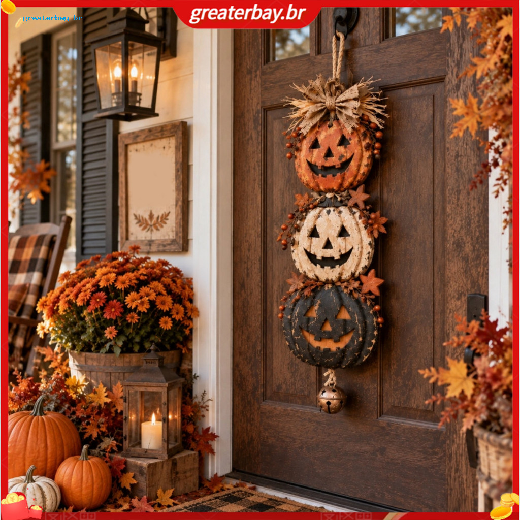 Halloween Pumpkin Door Hanger Vintage Jack-o-lantern Wall Decor Rustic Fall Harvest Ornament for Front Porch Indoor Outd