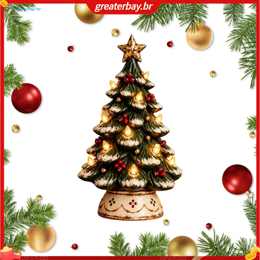 Resin Tabletop Christmas Tree Decoration with Warm Led Lights Battery Operated Holiday Figurine for Indoor Desk Mantel a