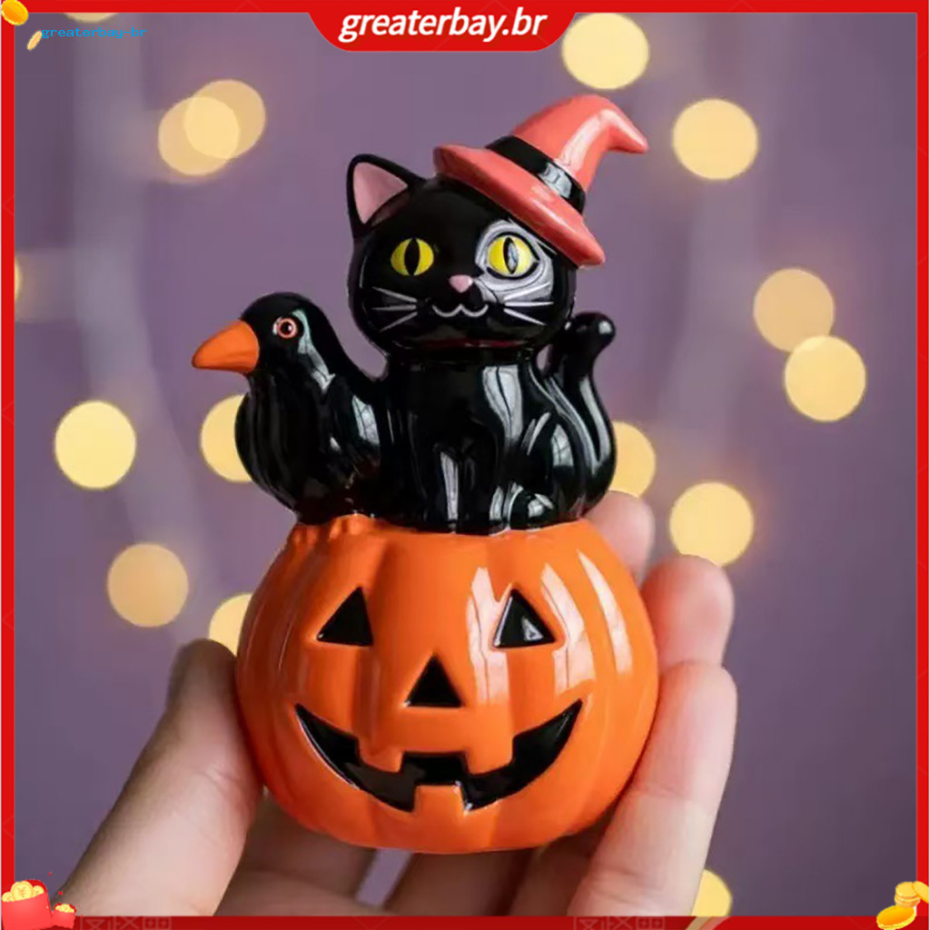 Halloween Black Cat Pumpkin Figurine Retro Stacked Resin Decoration for Table Desk Office Home Fireplace Shelf Indoor Pa