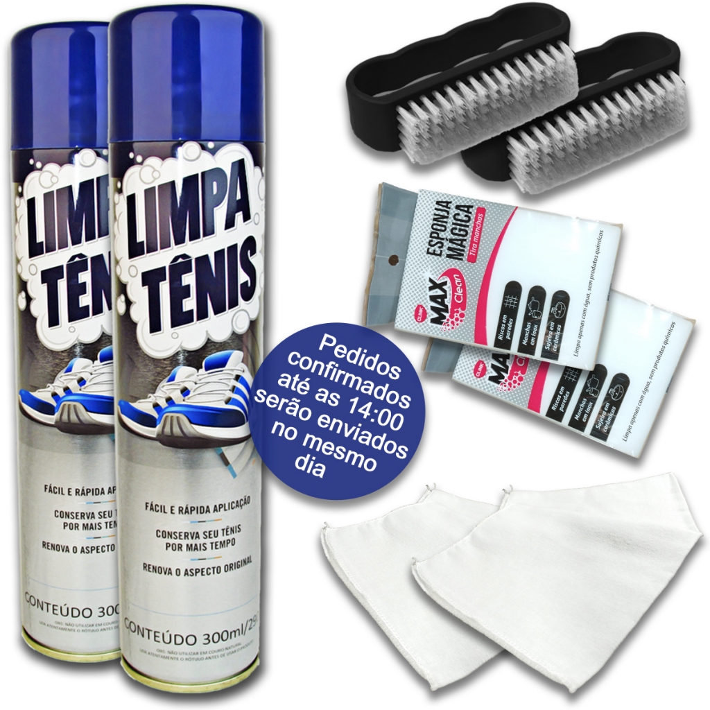2 Limpa Tênis 2 Esponja Magica 2 Flanela 2 Escova multiuso Limpa Tenis Branco  Colorido Limpador Sec