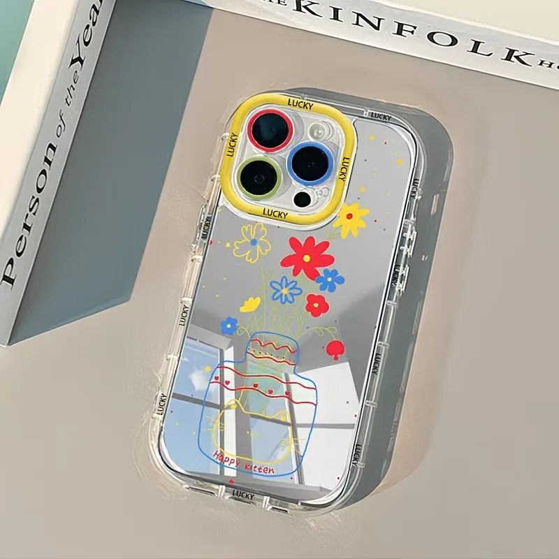 Summer Daisy Cat Vase Design Mirror Phone Case For iPhone 17 13 11 12 14 15 16 Pro Max Plus 17E 16E XR XS 8 7 Plus SE Soft Cover