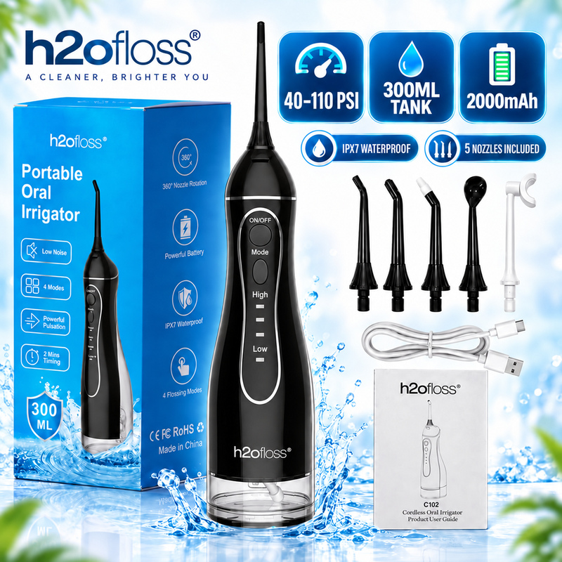 H2ofloss Irrigador Oral Cordless para Viagem C102, limpador dental 300ml, enxaguante bucal 2000mAh, 4 modos