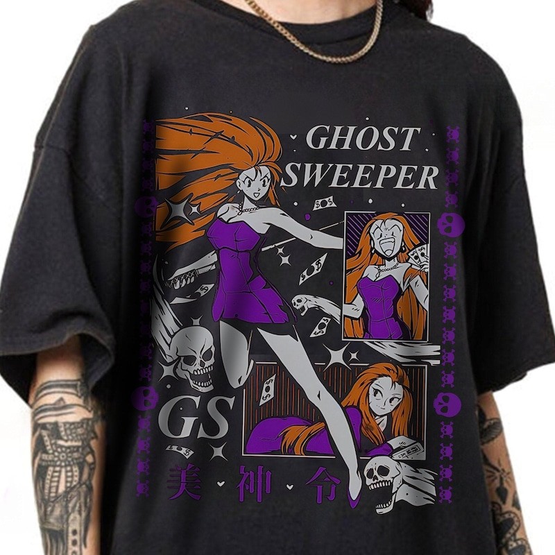 Camiseta Unissex Premium de Algodão Estampa Anime Ghost Sweeper Estilo Retrô Cor Preta Para Uso Casual Passeio E