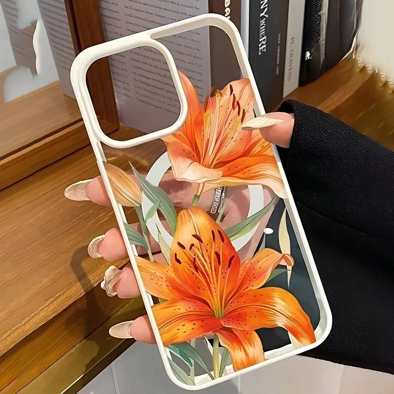 Orange Lily-Patterned Magnetic Case For iPhone 17 11 16 15 14 13 12 Pro Max Plus Air 17E 16E For Magsafe Wireless Charging Cover