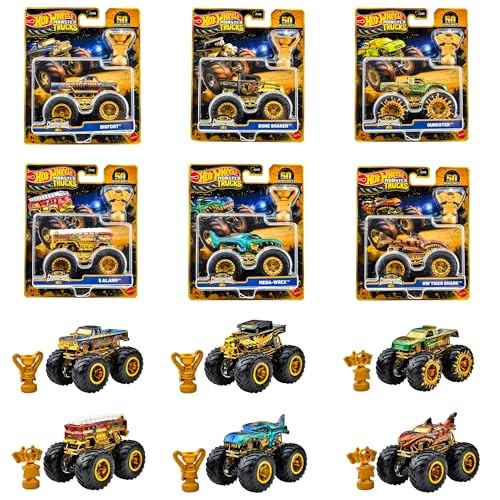 Hot Wheels Monster Trucks Trophy Champions Assortment Vehicle Toy Mini Cars, 6-Pack Box Set, for Ages 3 and Up, Multi, 9