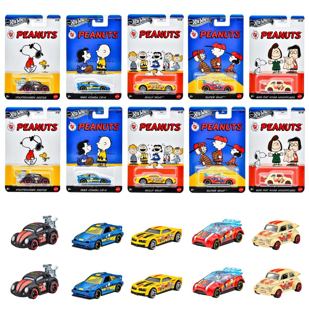 Hot Wheels Entertainment Theme Assortment - Peanuts Vehicle Toy Mini Cars, Set of 10, Box Sale, Ages 3 and Up, Multicolo