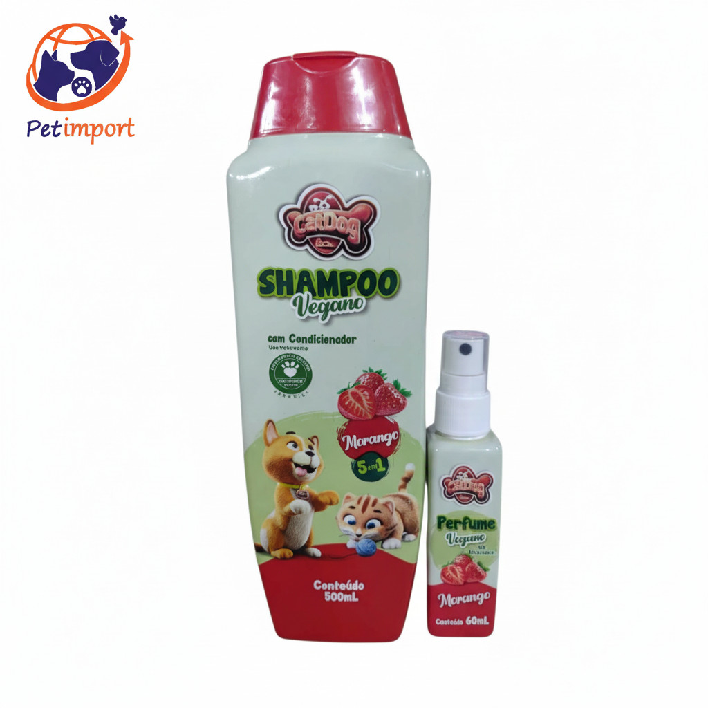 Kit Shampoo 500ml + Perfume 60ml Vegano Morango Cat Dog Cães Gatos