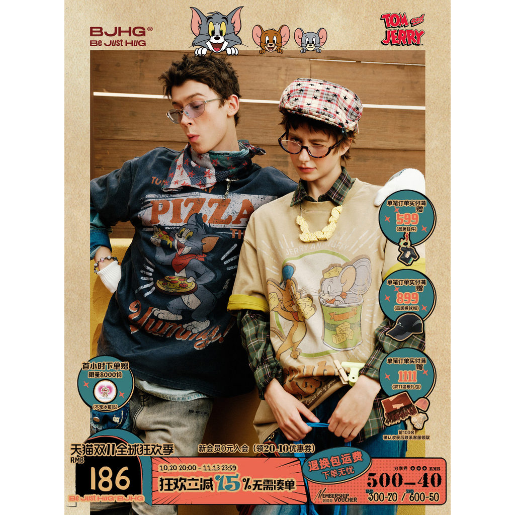Cat Co-Branded com Mouse BJHG sem conquências pesado camiseta de manga curta masculina verão novo estilo casal americano