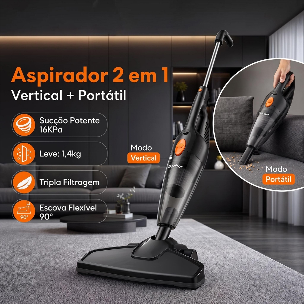 Gaabor Aspirador 2 em 1 127V 1000W 16000Pa Sucção Forte Com Haste Dust Off Portátil GVCW M15A