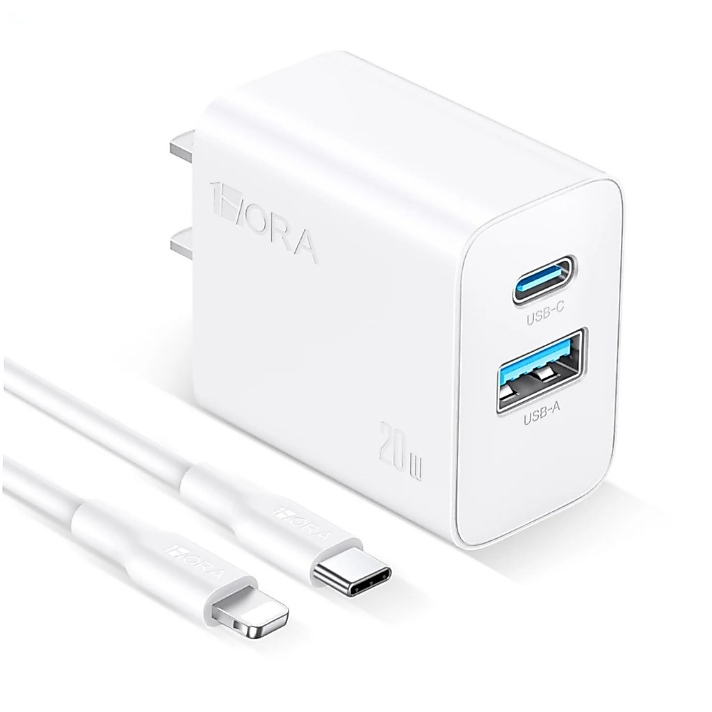 Carregador Rápido 20W com Portas USB-C PD 3A e USB-A e Cabo Lightning - Plug Americano