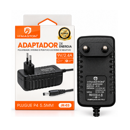 Adaptador de Energia Fonte Carregador H'Maston JK-03 9V 2.4A Plug P4 5.5mm Bivolt