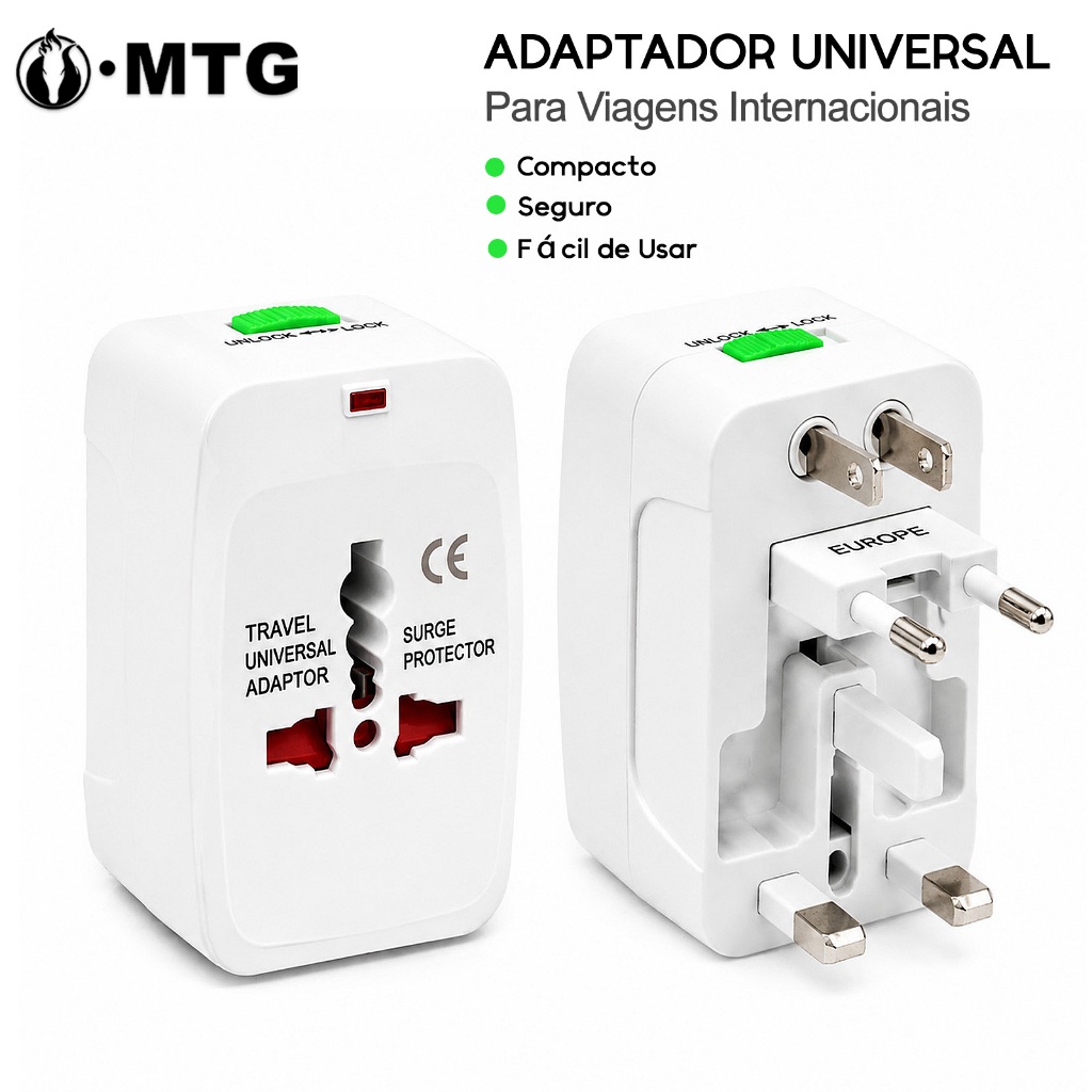 Adaptador Universal de Tomada Internacional MTG com USB, Conversor de Plug para Viagem, Hotel, Casa e Escritório