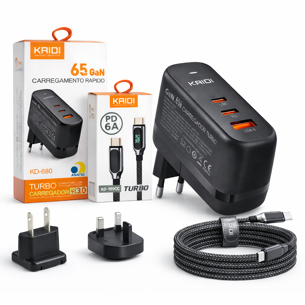 Carregador Turbo GaN 65W p/ Drone DJI Mini 2 3 4 Pro Air 3 Mavic Hub de Baterias + Cabo 6A 100W PD Ultra Rápido