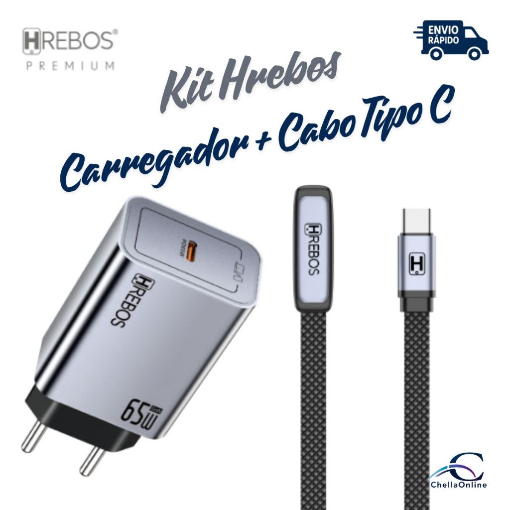 Kit Carregador CRG-228 65W com cabo Tipo C para Tipo C 1 ou 2 Metros 100W Hrebos