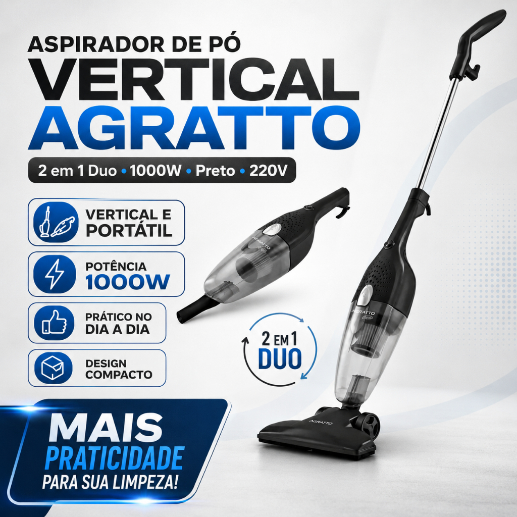 Aspirador De Pó Vertical Agratto 2 Em 1 Duo 1000w Preto 220v