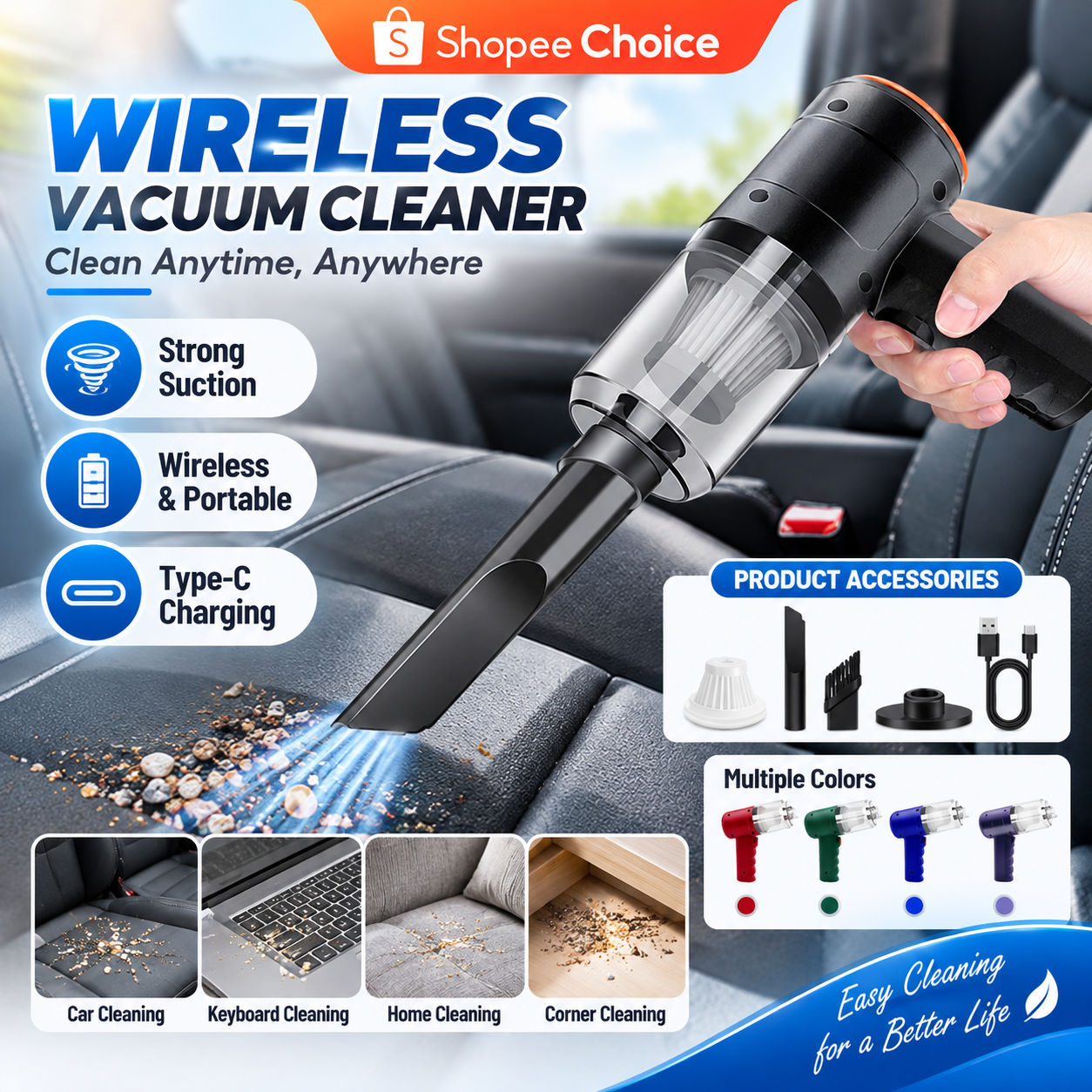 Aspirador Mini Portátil 5 em 1 Sem Fio à Bateria Para Limpeza de Casa e Carro, Com Função de Soprar e Aspirar