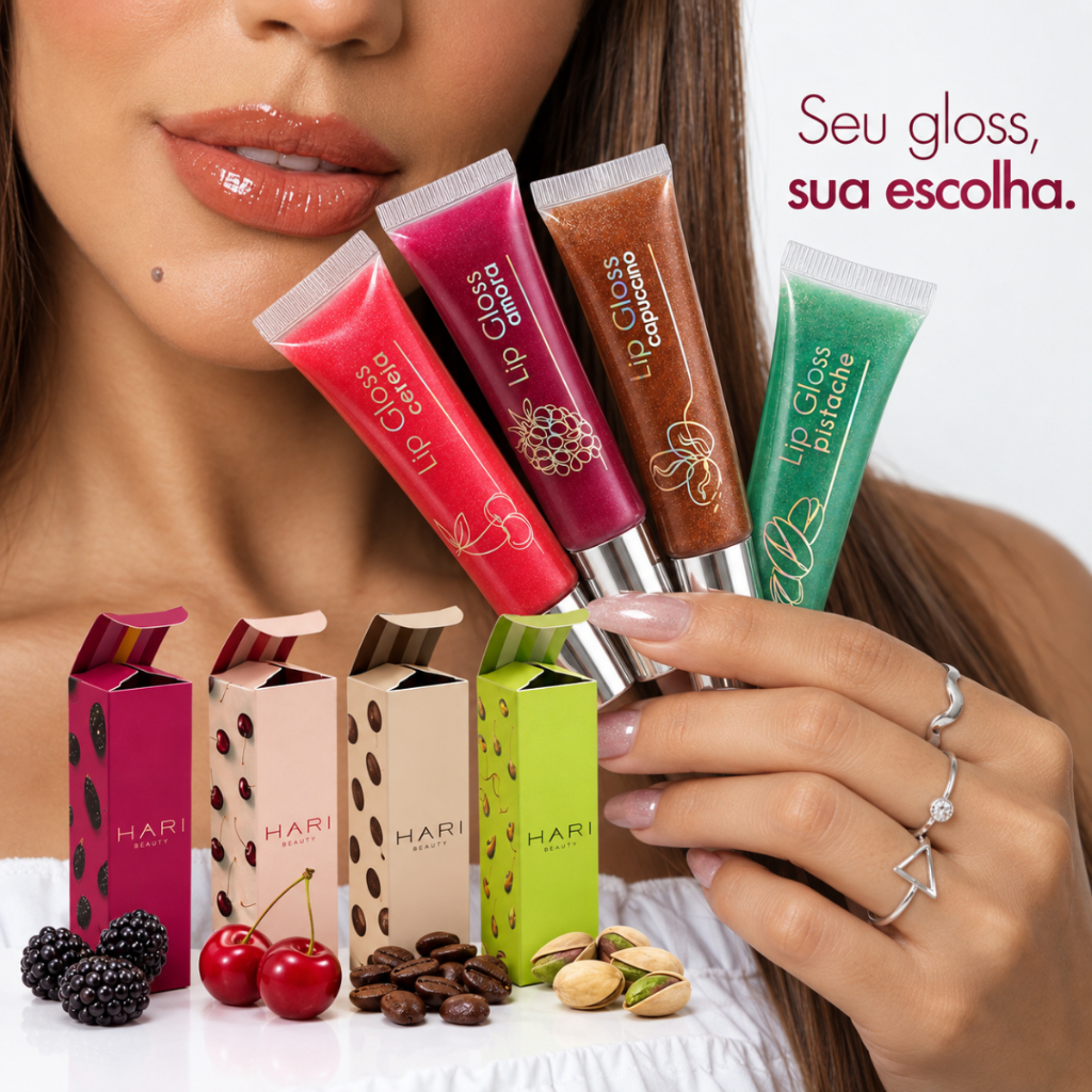 Kit 4 Lip Gloss Hari Beauty Amora Cereja Capuccino Pistache 10ml Brilho Intenso Glow