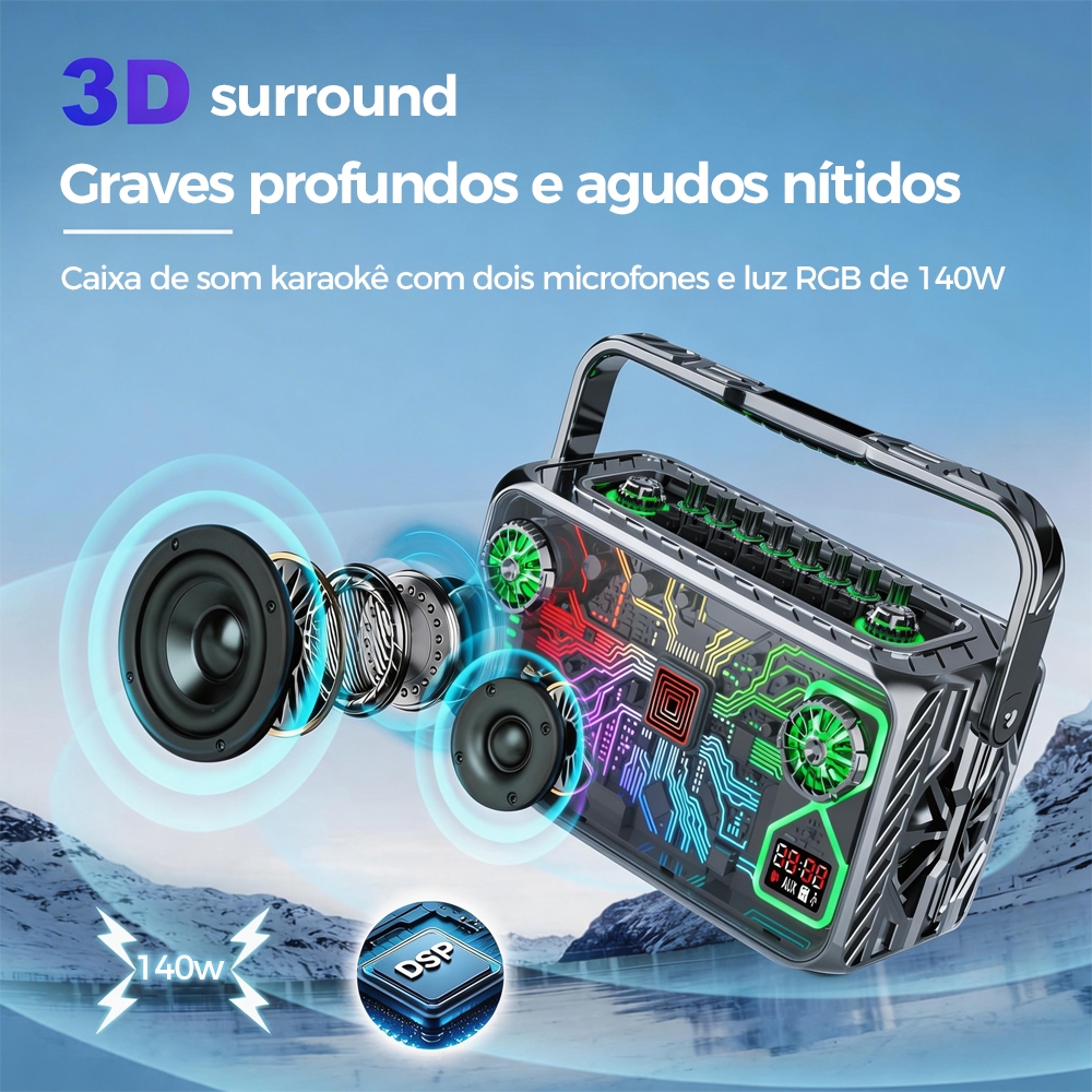 Caixa de Som Bluetooth140w LED RGB PartyBox Wireless Subwoofer Karaokê Com Microfone