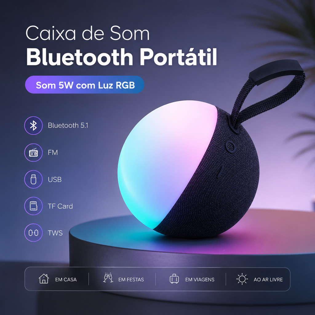 Caixa de Som Bluetooth Portátil LED RGB 5W Wireless TF USB FM TWS
