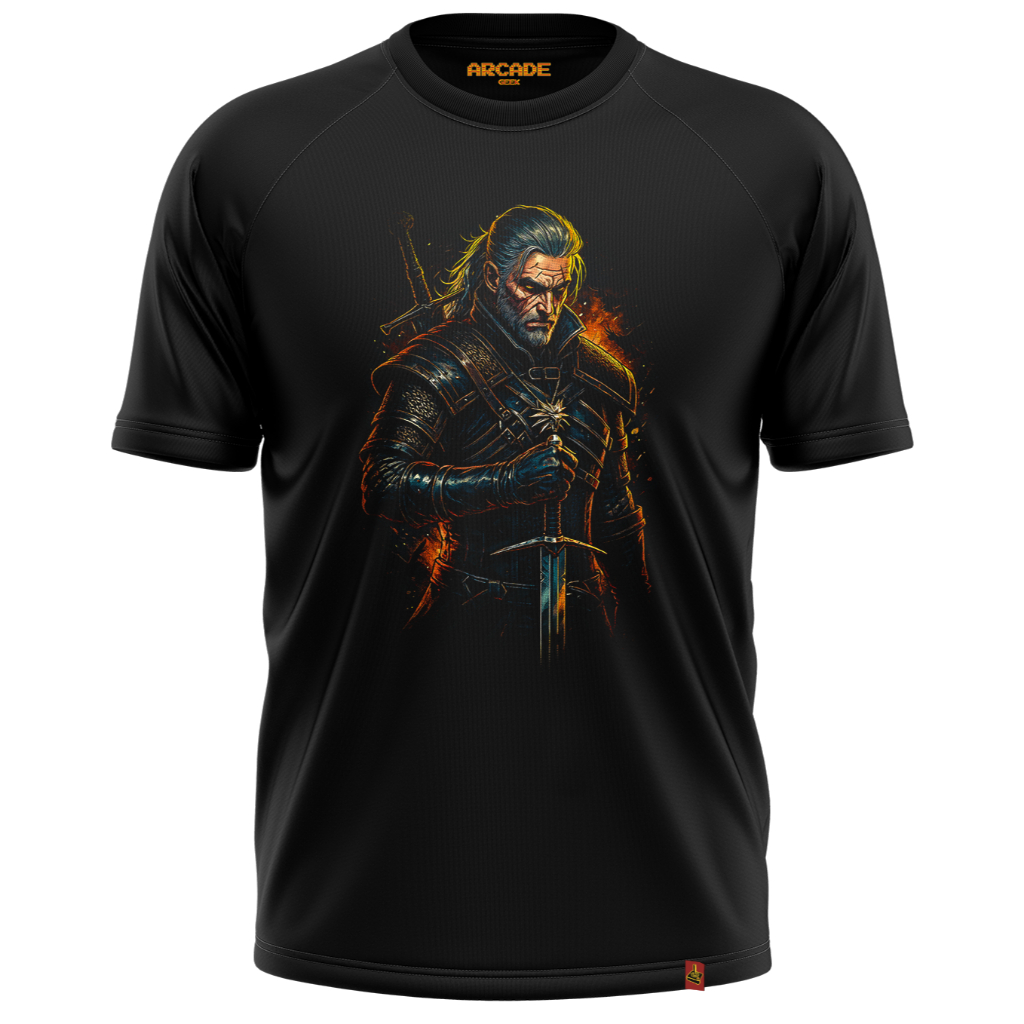 Camiseta Gamer RPG Bruxo MOnstros Witcher Lobo Gerald Espada Wolf Video Game Elixir