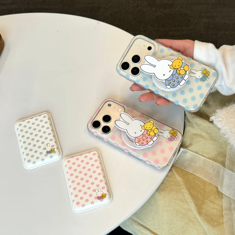 Cute Cartoon Miffy Polka Dots Magnetic Wallet Phone Case For iPhone 16 15 14 13 17 Pro Max Miffy Magsafe Wireless Charge Cover﻿