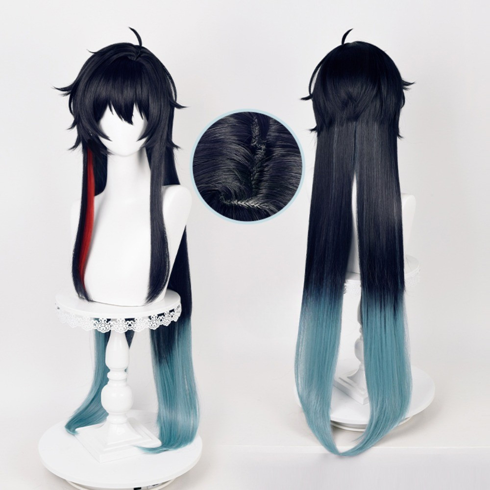 Peruca de Cosplay Dan Heng Imbibitor Lunae de Honkai: Star Rail, 98cm de Comprimento, Gradiente Preto, Azul e Vermelho,