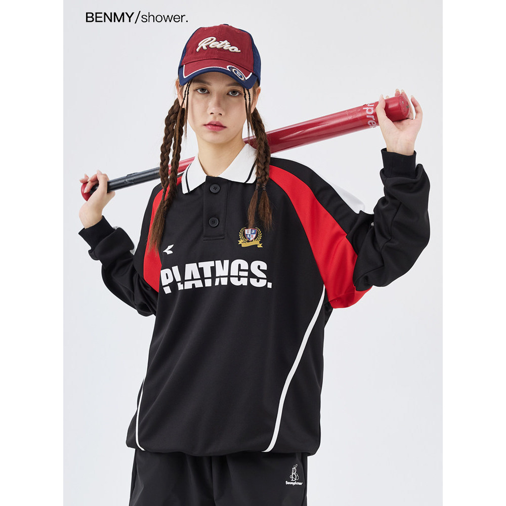 Benmyshower National Trendy Costura Contraste Cor Street Wear Moletom Gola POLO Homens Mulheres Casais Manga Comprida T