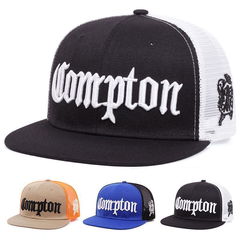 American Street Compton Tridimensional Bordado Malha Boné Homens Mulheres Aba Plana Trendy Truck Cap Juventude Respiráve