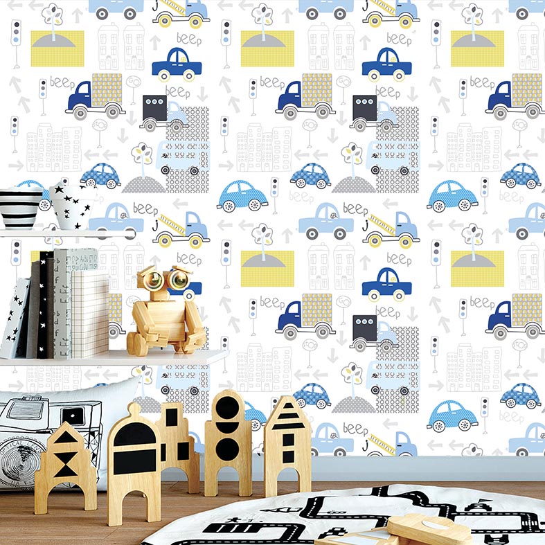 Papel de Parede Adesivo Infantil Carrinhos Azul E Amarelo Meninos Fofinho Cute Delicado