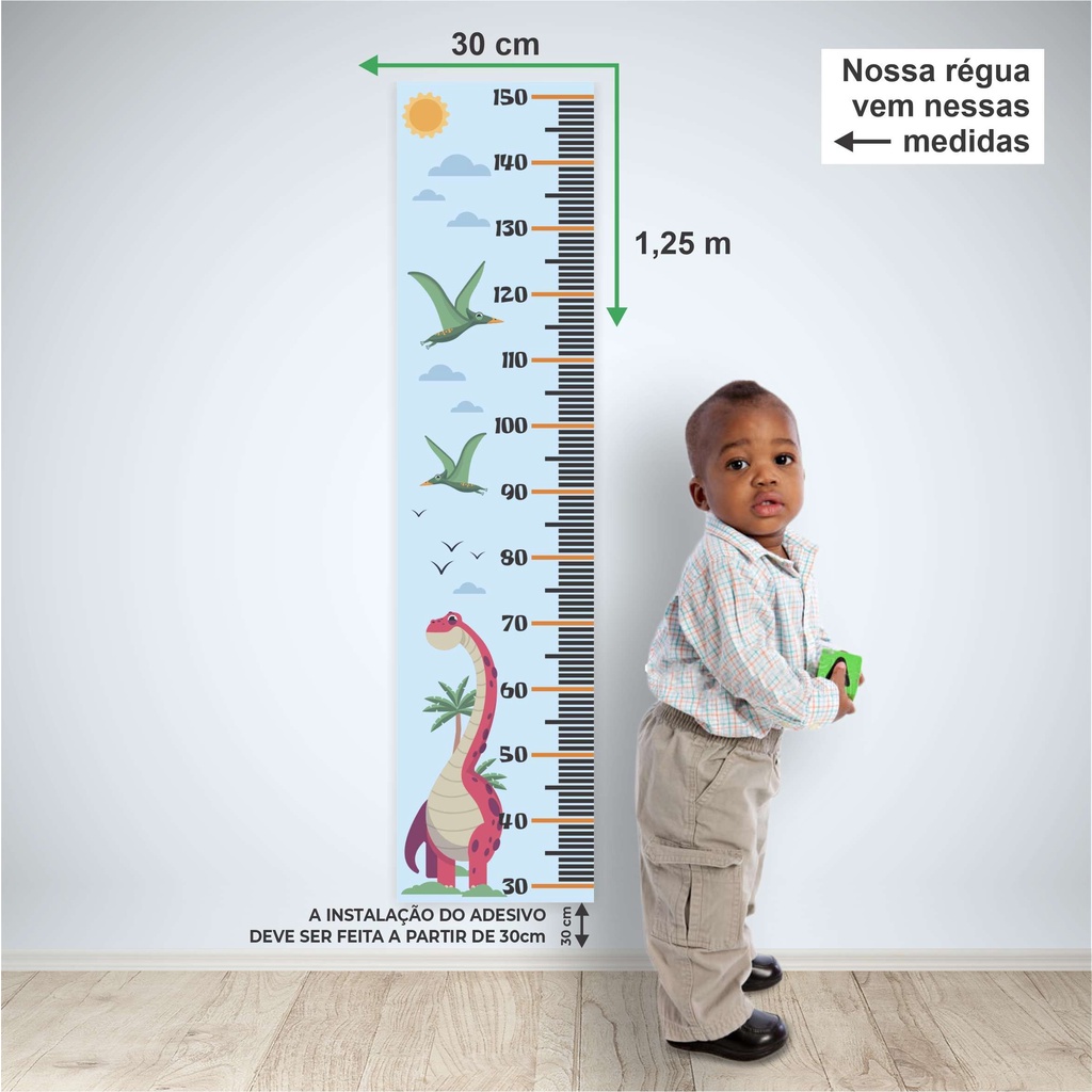 Régua de Crescimento Azul com Dinossauros Cute Baby Adesivo Decorativo 120x30cm