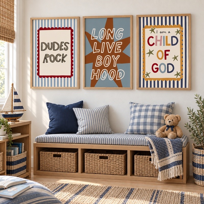Long Live Boyhood poster canvas painting Blue Stripe Nursery Wall Art Red Scallop  Poster  Retro Boy Room Decor