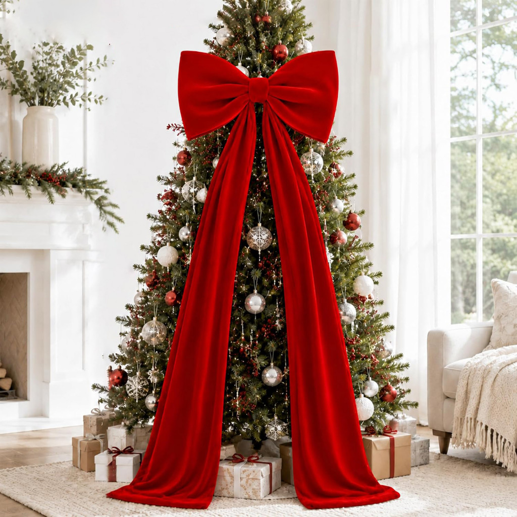 Velvet Christmas Bows Holiday Wreath Decorations Tree Topper Bow with Long Ribbon – Giant Xmas Ornament for Wall Party