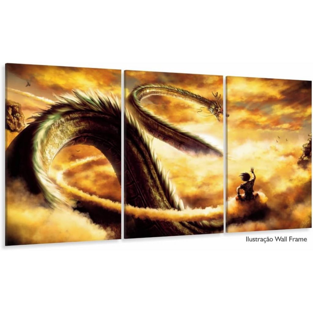 kit 3 quadros decorativos mdf 95x50 full hd shen long dragon ball anime
