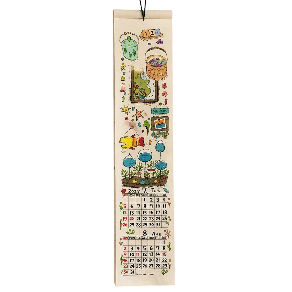 Yearly Planner 2027 Long Scroll Wall Calendar with Hand-drawn Illustrations 12-month Hanging Hole for Easy Organization