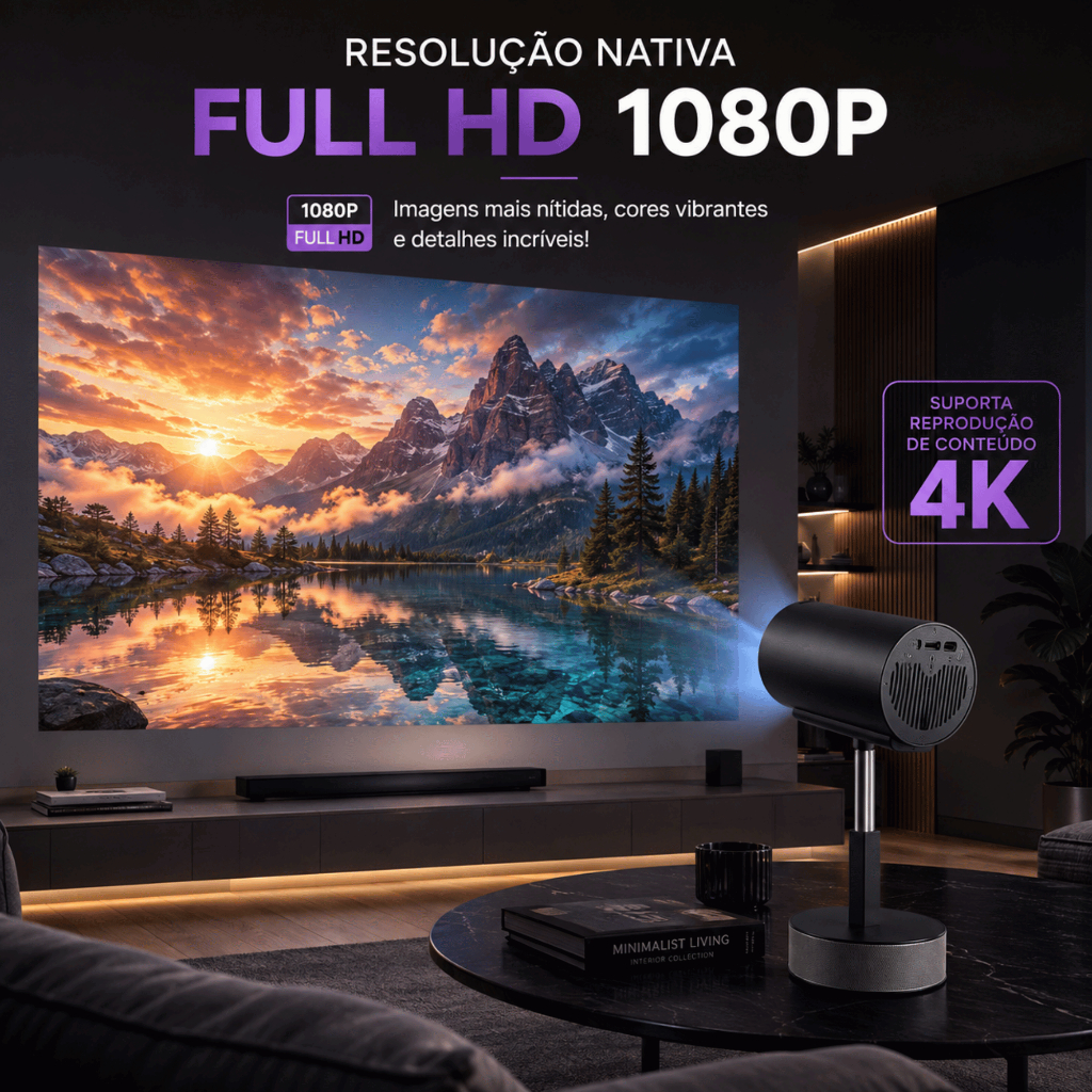 Projetor Portátil Dobrável 4K Full HD com Foco Automático, Wi‑Fi, Alto‑Falante Integrado