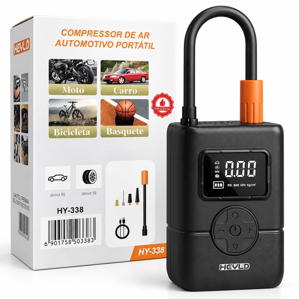 Bomba de Ar Portátil Compressor Multi-função 4 em 1 PowerBank  Bateria Calibrador de Carro Auto Pneu