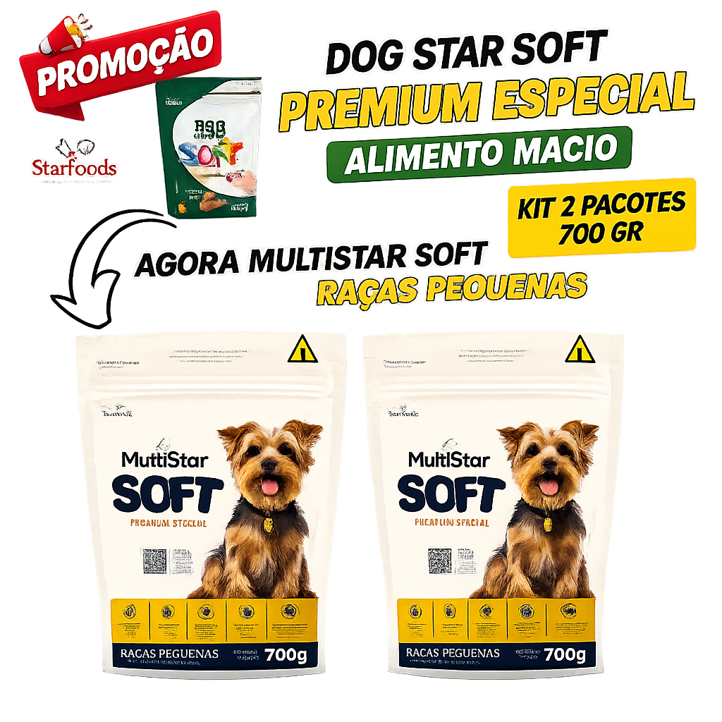 Ração Macia MultiStar Soft para Cães Raças Pequenas Kit 2x700gr (1,4kg) sem corantes Premium Especial