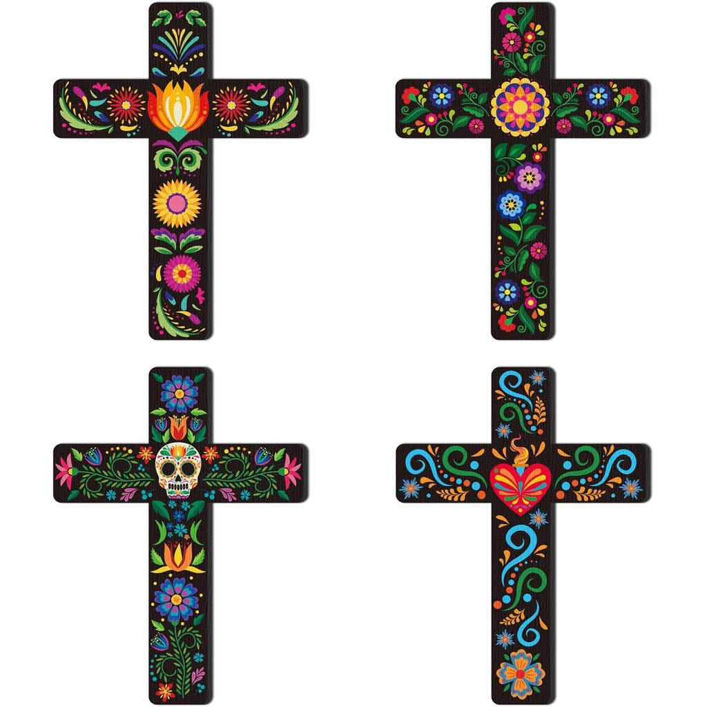 Haooryx Day of the Dead Floral Cross Tiered Tray Centerpieces - 4Pcs Mexican Floral Cross Spanish Style Wooden Sign Tabl