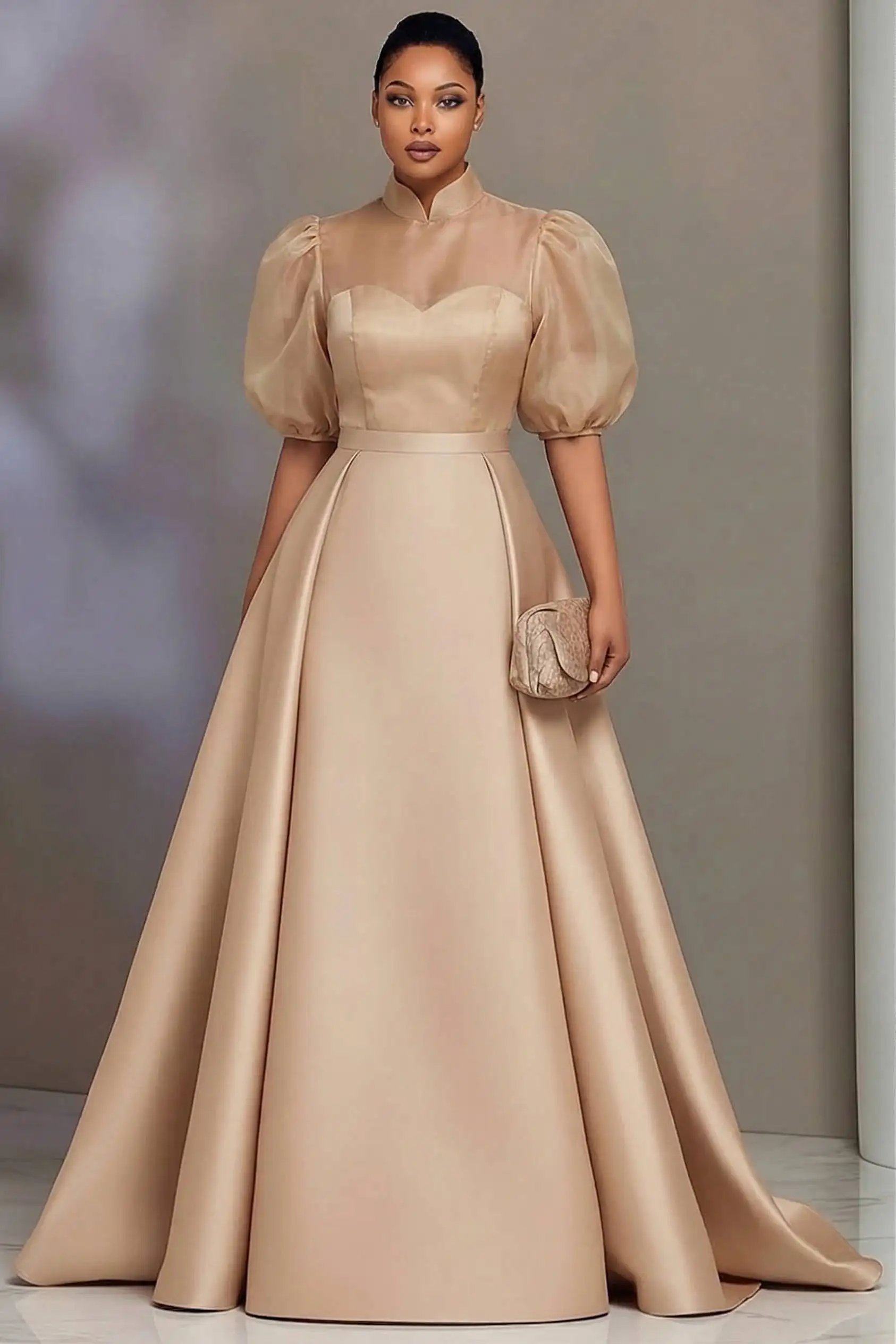 Plus Size Elegant Satin Prom Dresses for Women Stand Collar A Line Maxi Dress Formal Wedding Guest Party Bridesmaid Long Dress