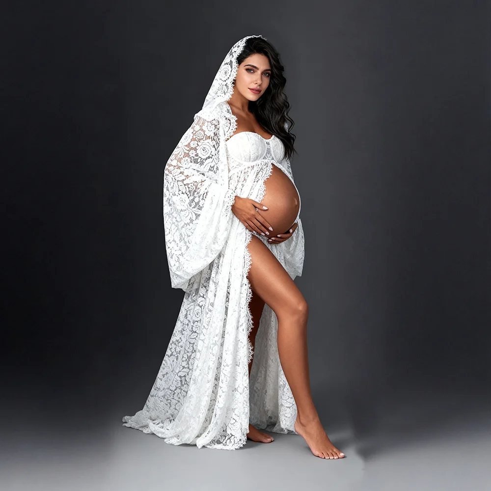Custom Lace Maternity Photoshoot Dress with Veil for Pregnant Women Boho Pregnancy Photography Gown Baby Shower Outfit